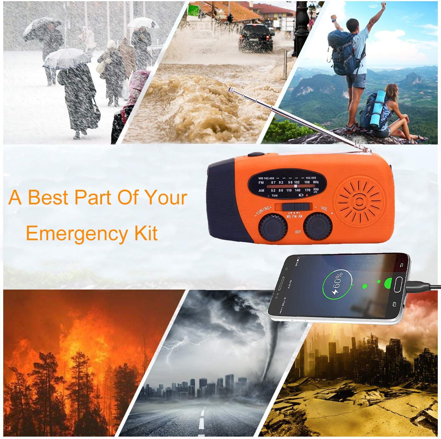 Radio à manivelle d'urgence avec lampe de poche LED, radio portable AM/FM NOAA avec batterie externe 2000 mAh, orange - 3