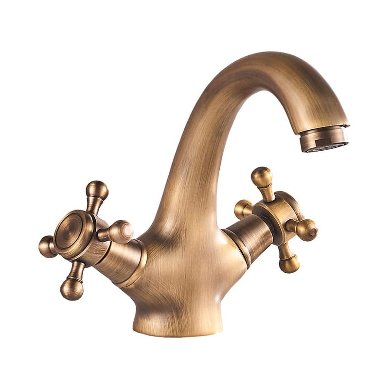 Klasyczny, mosiężny kran umywalkowy z dwoma uchwytami, klasyczny styl retro, ciepła i zimna woda, antyczny brąz.