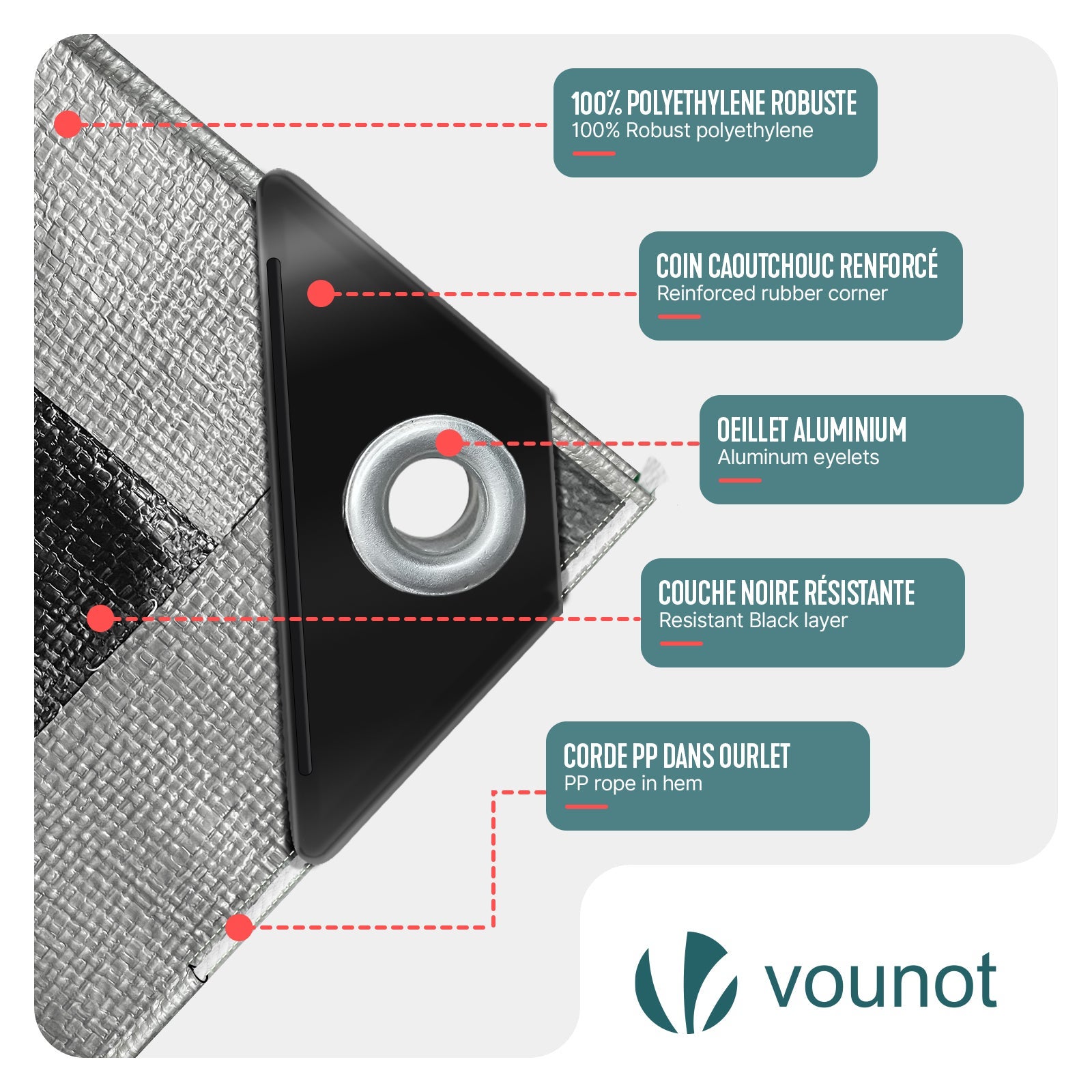 Bâche de protection en polyéthylène 240g/m² - 4x8m gris et noir - imperméable et anti-UV - VOUNOT® - 2