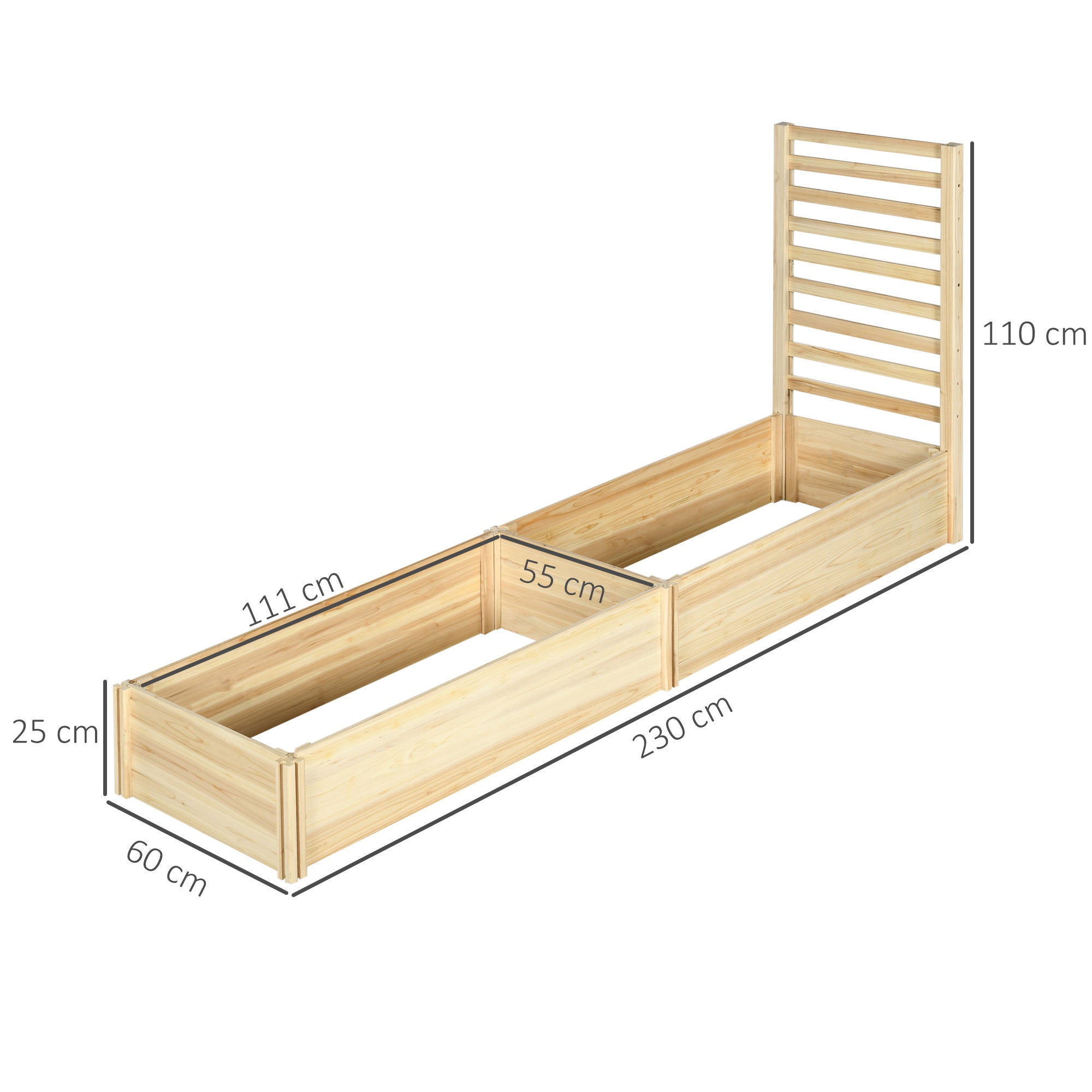 Carré potager surélevé avec treillis pour plantes grimpantes, bois de sapin, 230x60x110 cm, couleur bois - 5