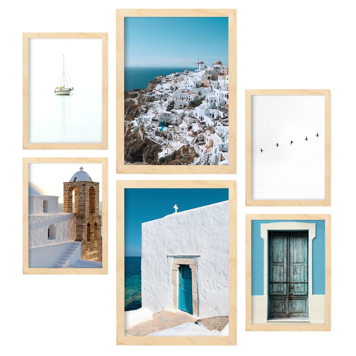 Conjunto 6 posters fotografica islas griegas laminas impresion arte mural verano en grecia decoracion hogar. cm lw con marco madera clara