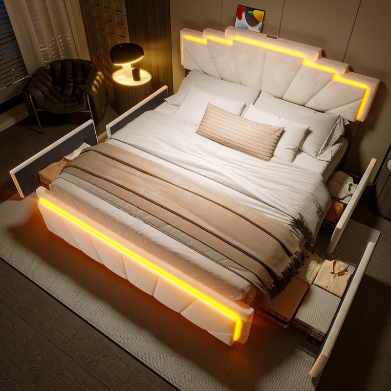 Nowoczesne łóżko tapicerowane 160x200 cm z trapezowym zagłówkiem, oświetleniem LED, portem USB-C, 2 szufladami i regulowaną wysokością
