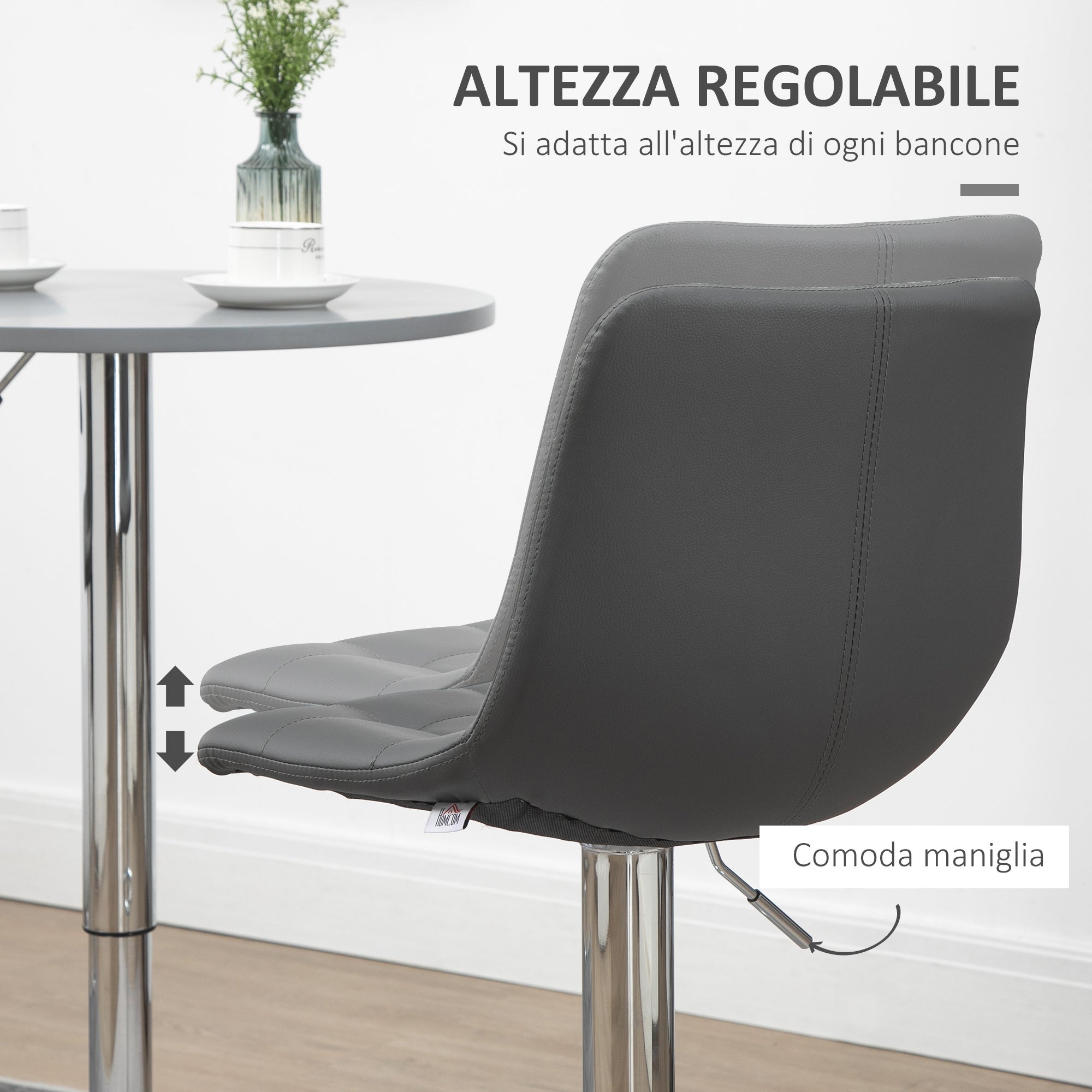 HOMCOM Set 2 Sgabelli da Bar Girevoli in Similpelle con Schienale e Poggiapiedi, 42x45x89-110cm, Grigio - 5