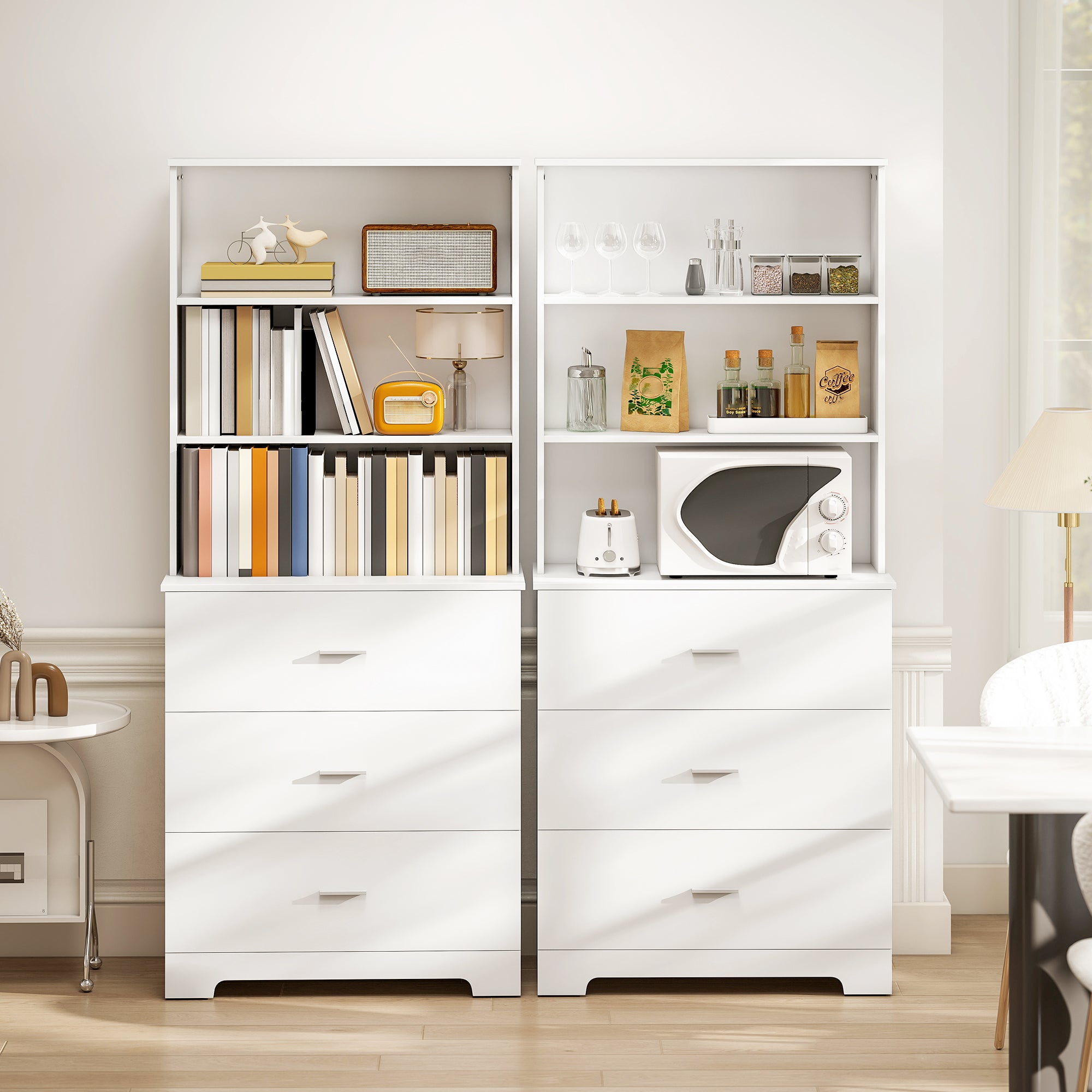 Bibliothèque, armoire haute, vitrine, avec 3 tiroirs et 3 étagères ouvertes. 79 x 39,5 x 180 cm. Blanche. - 7