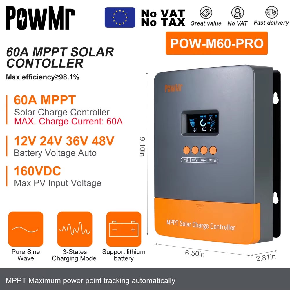 Controlador solar MPPT de 60A, regulador solar paralelo, adequado para baterias de chumbo-ácido e fosfato de ferro-lítio de 12V/24V/36V/48V. - 2