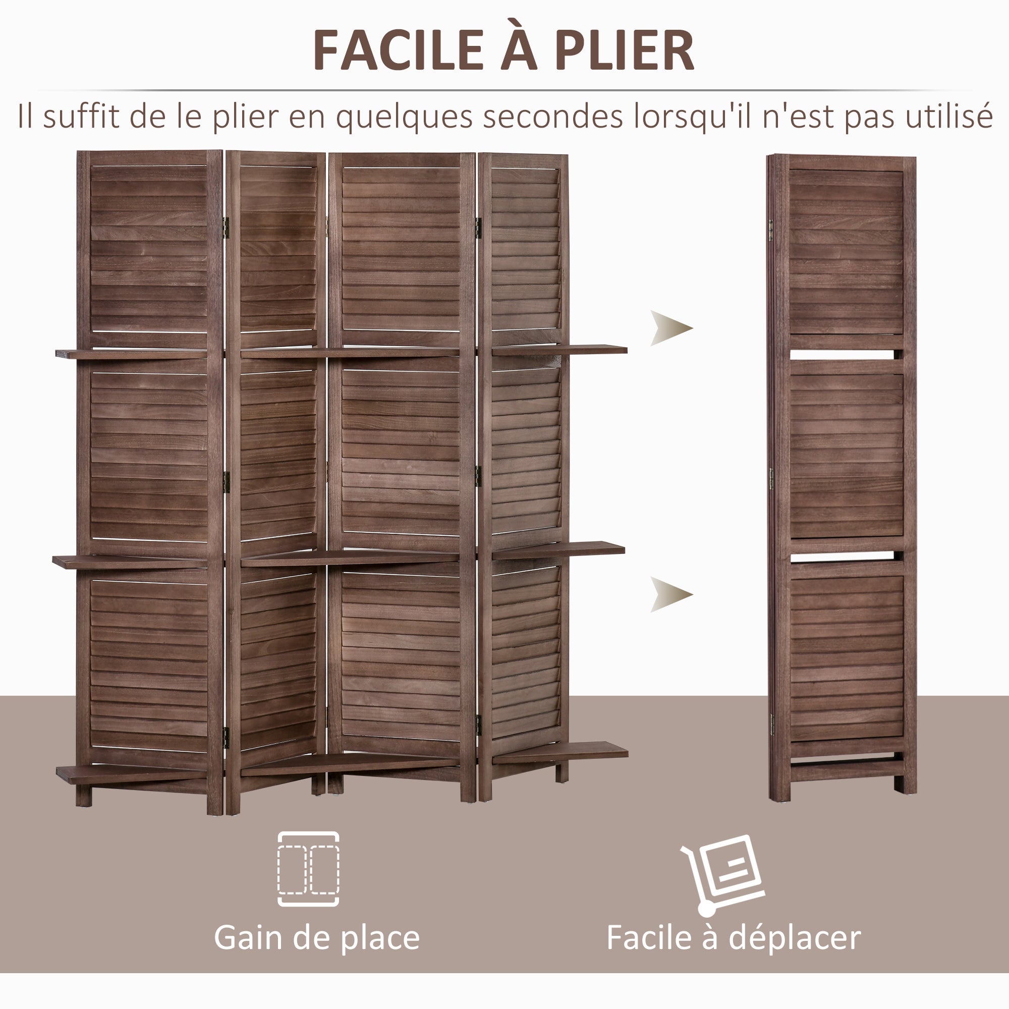Paravent intérieur 4 Panneaux 162Lx170Hcm 3 étagères Pliables séparateur de pièce Portes persiennes Bois de Paulownia Noyer - 6