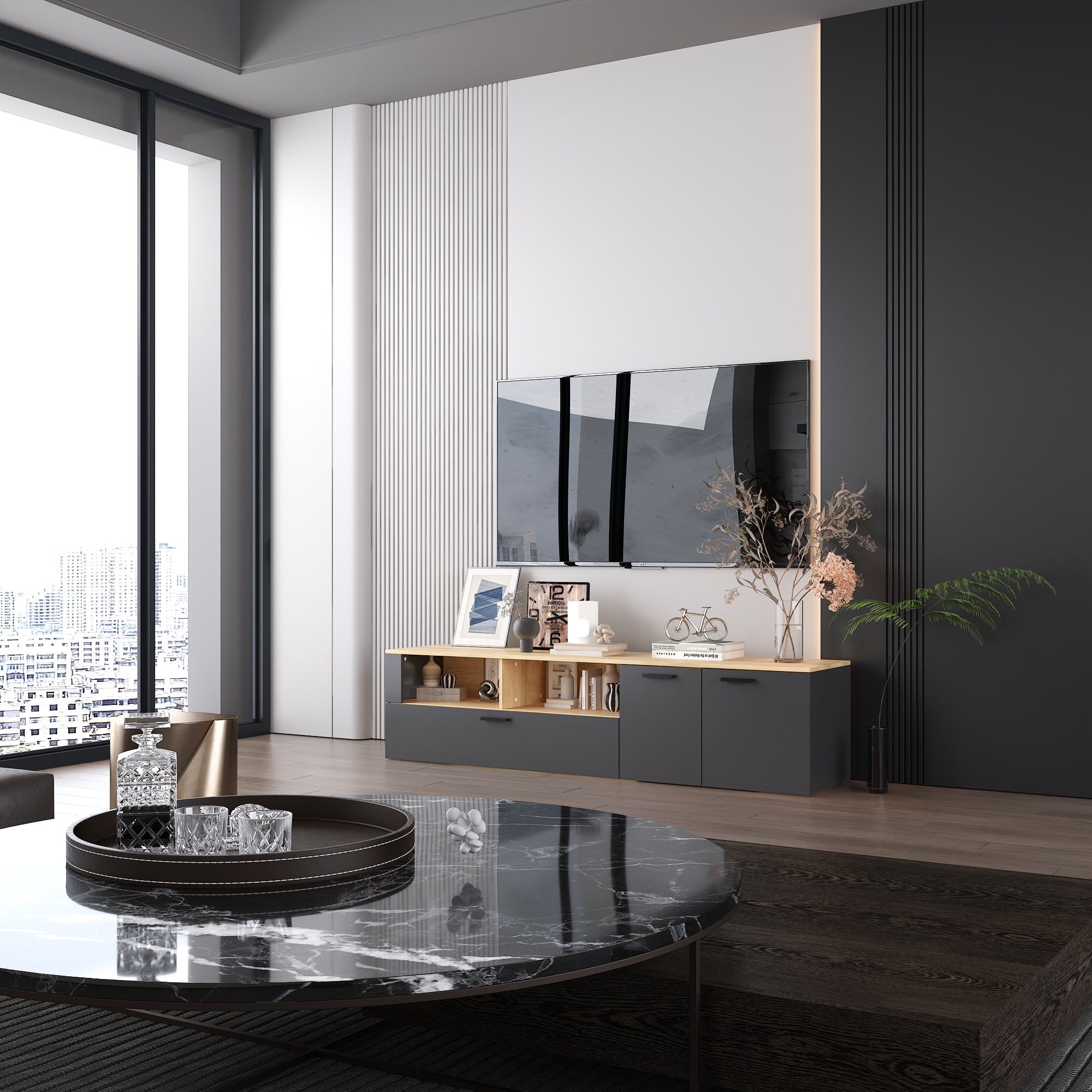 Meuble TV en gris foncé&bois naturel,7 espaces de rangement,3 portes à gauche et à droite,dispositif anti-basculement,180x40x40,5cm - 7