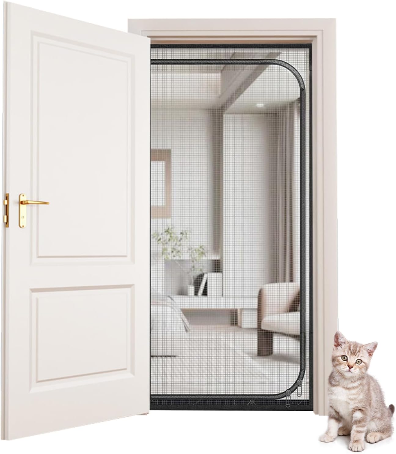 Drzwi z moskitierą dla zwierząt, antypoślizgowe, z zamkiem błyskawicznym, czarne, 90 x 210 cm