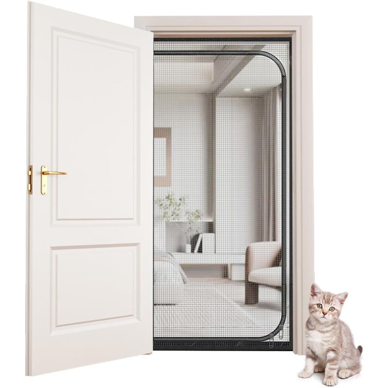 Drzwi z moskitierą dla zwierząt, antypoślizgowe, z zamkiem błyskawicznym, czarne, 90 x 210 cm