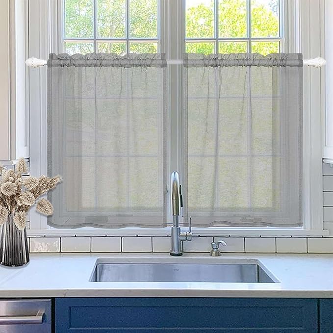 SK Studio 2 Pièce Rideau Voilage Semi-Transparent en Effet Lin Décorations Fenêtres de Cuisine Voilages pour Chambre Salon Cuisine Tige de Poche Gris, 132x213cm