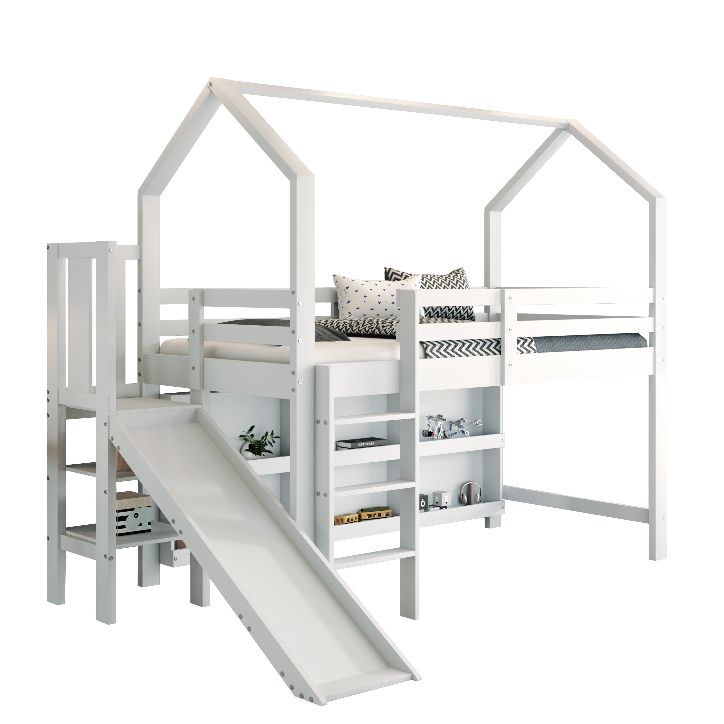 Łóżko piętrowe 90 x 200 cm ze zjeżdżalnią, drabinką, schowkiem i półką - Drewno lite + MDF - Białe (materac nie jest wliczony w cenę) - 7
