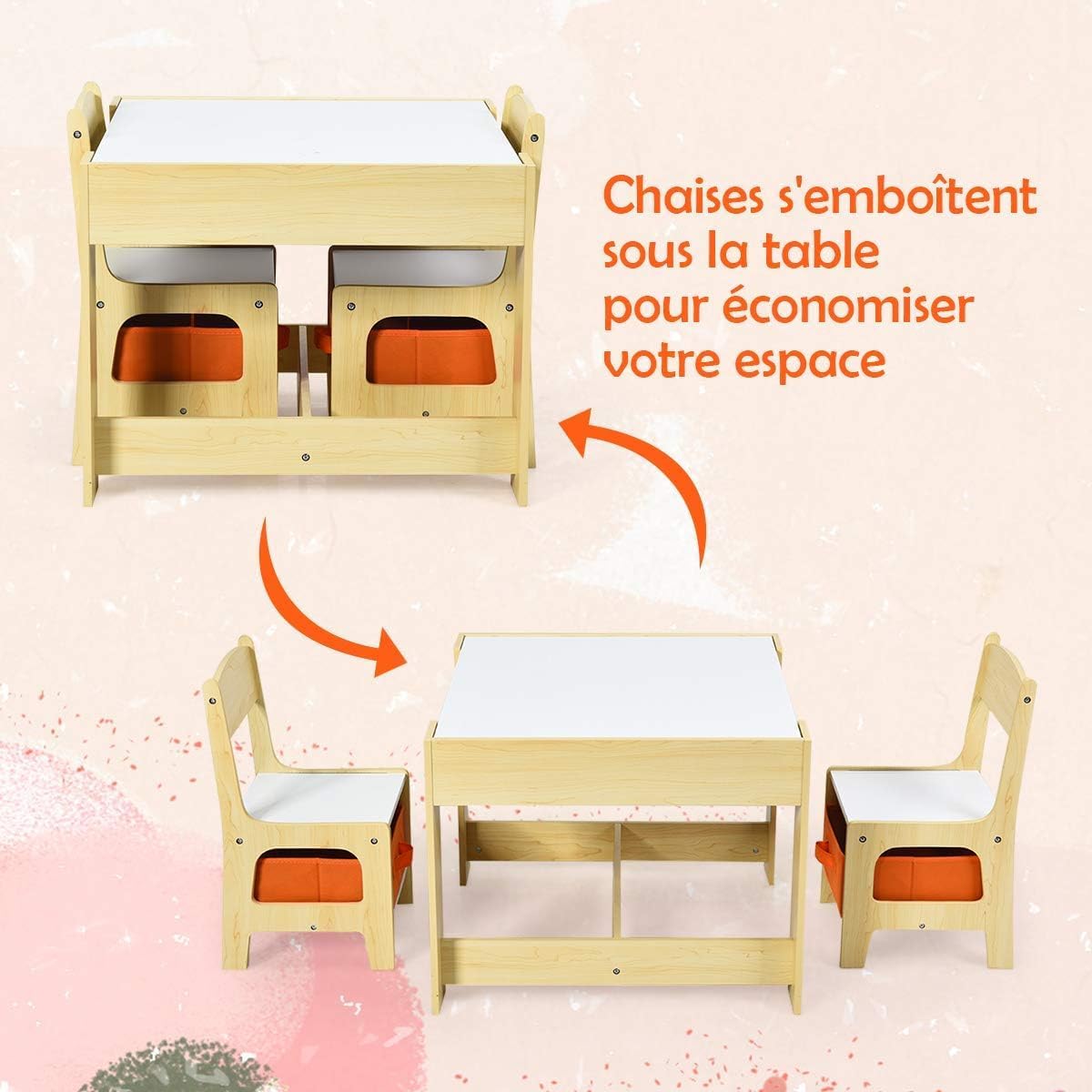 Ensemble Table et Chaises Enfant, Table Transformable 3-en-1 Multifonctionnel à Double Face, 2 Chaise avec Tiroir de Rangement, Naturel - 8
