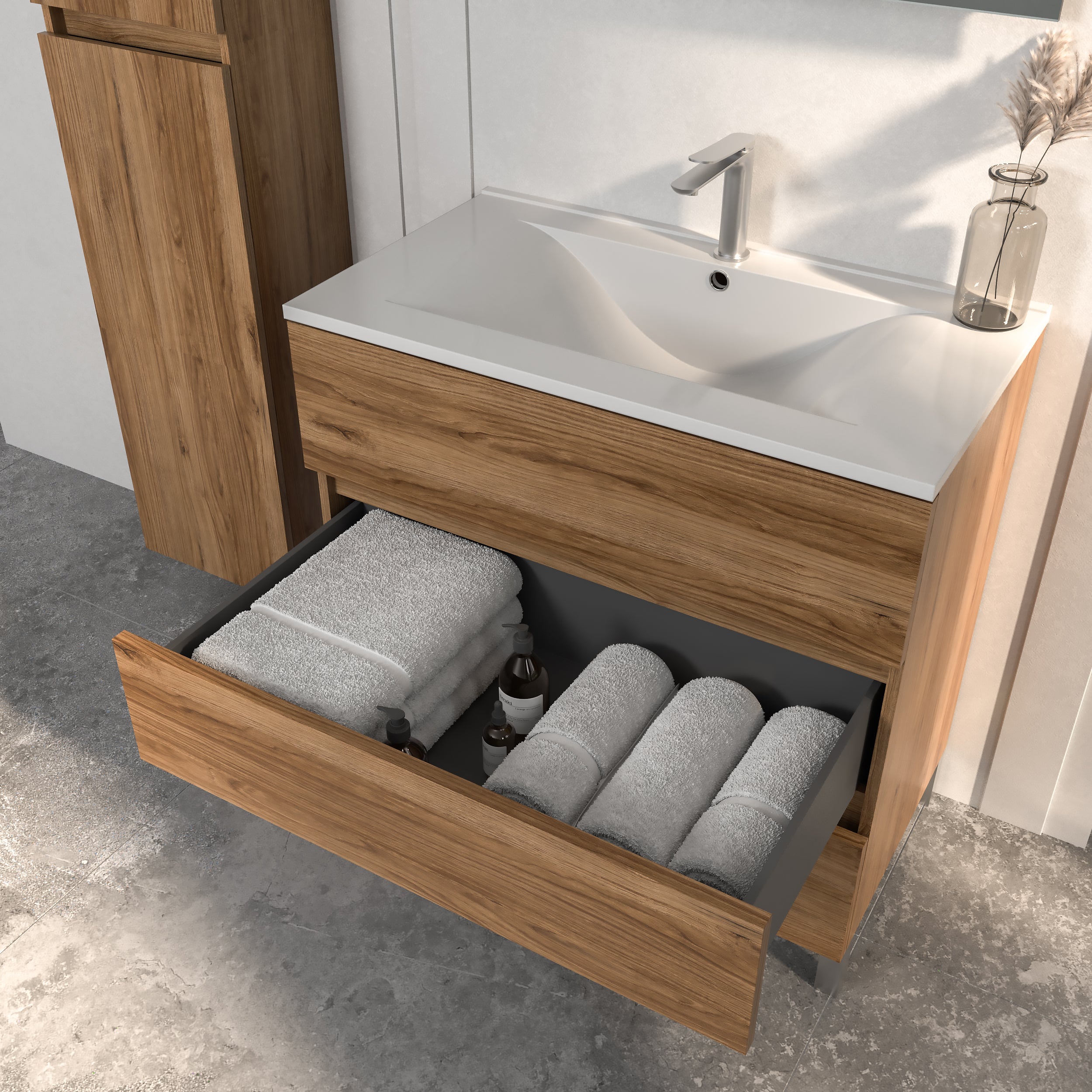 Conjunto Aprilia de mueble y encimera en medida 80 cm, acabado roble guadarrama con tirador uñero - 5