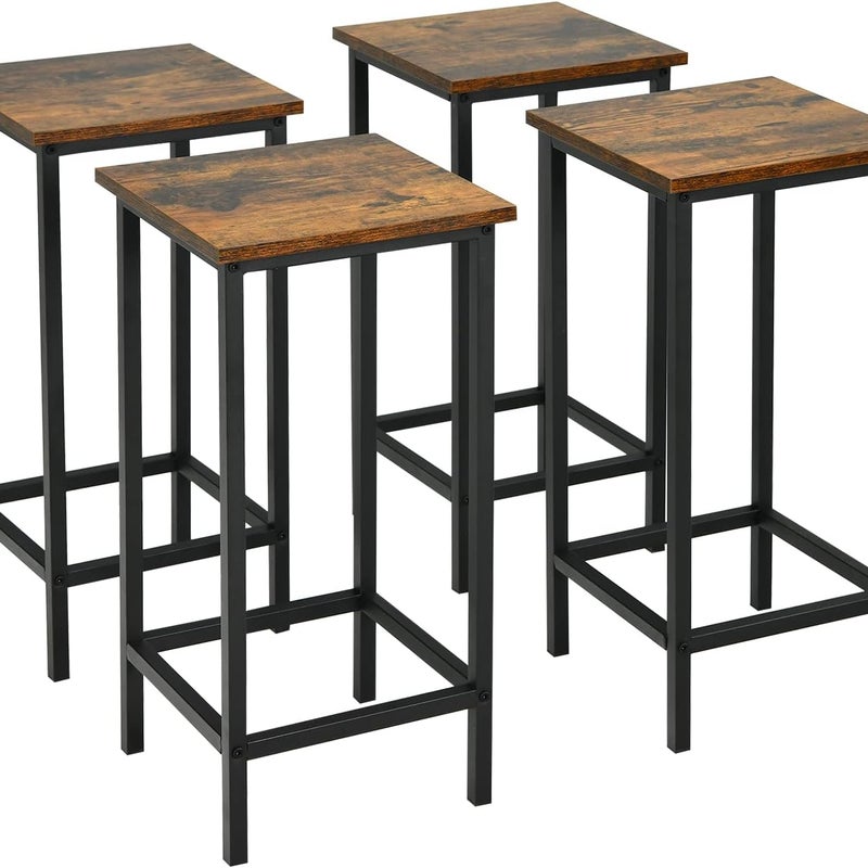Zestaw 4 Rustykalnych Krzeseł Barowych z Czarną Ramą Żelazną, Stołki Barowe z Podnóżkiem, Kawiarnia, Bistro, Wysokość 62 cm, Brązowe