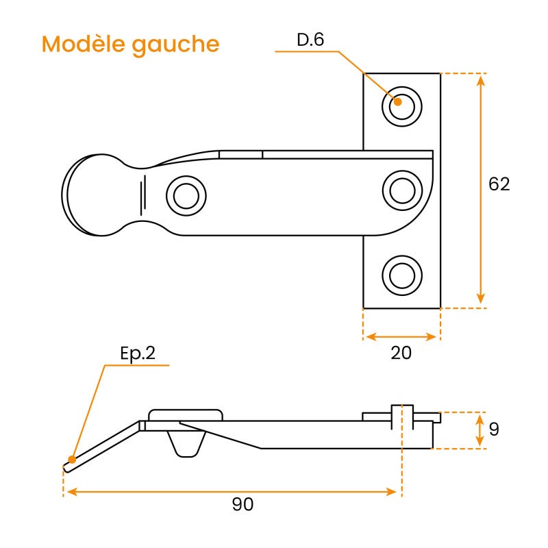 Arrêt de St Brieuc, avec Butée, Longueur 90 mm, Gauche, pour Volet Battant et Persienne, Torbel - 2