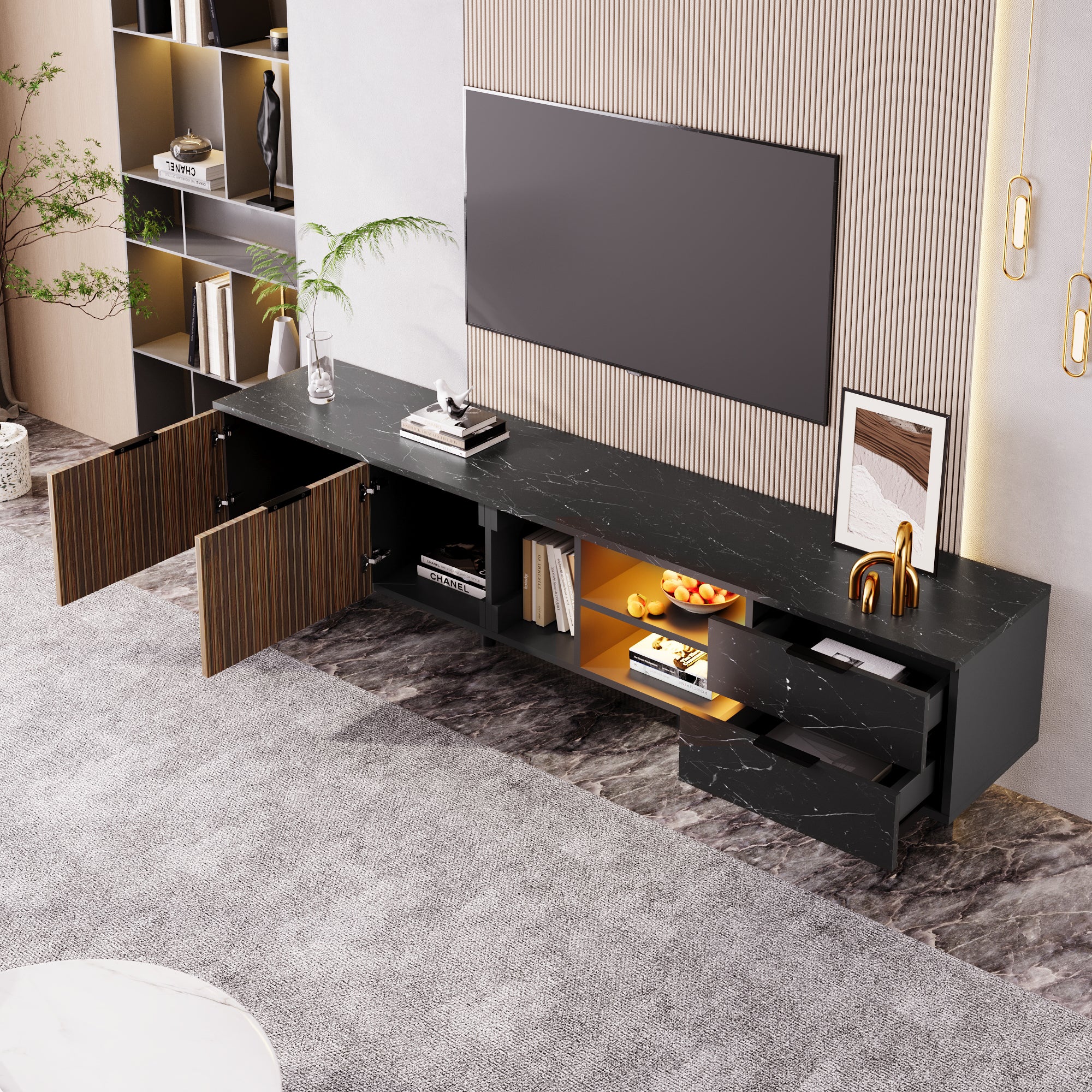 Mobile TV con 2 ante, 2 cassetti e 2 nicchie - 200 x 38 x 50 cm - LED - Legno MDF - Nero + legno - 7