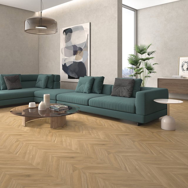Carrelage sol imitation parquet Chevron miel 60x120 cm - Réflex Boutique