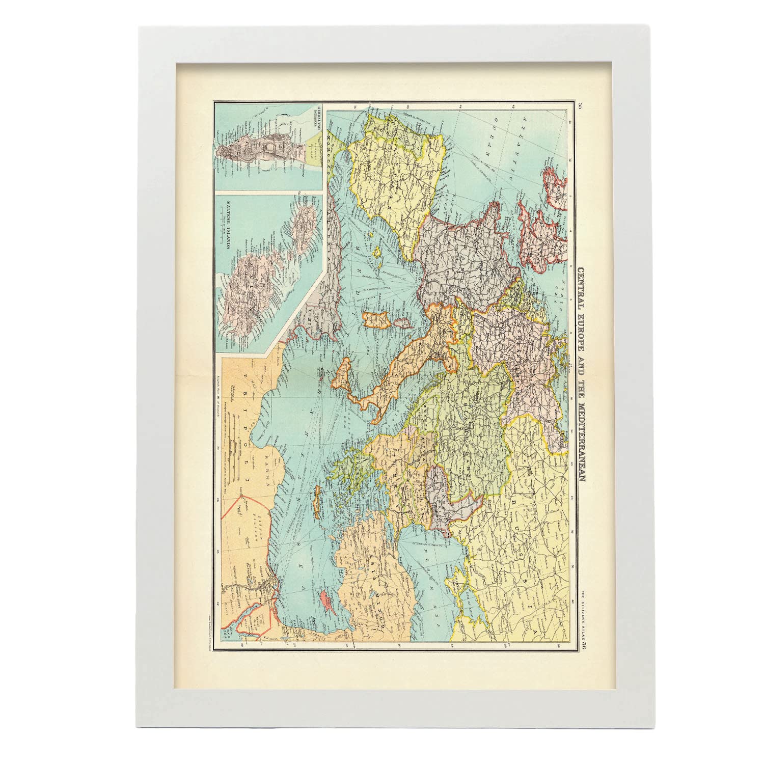 Nacnic pósters geográficos en estilo vintage mapa de europa central ilustraciones de antiguos mapamundis en tonos sepia tamaño a3, con marco blanco