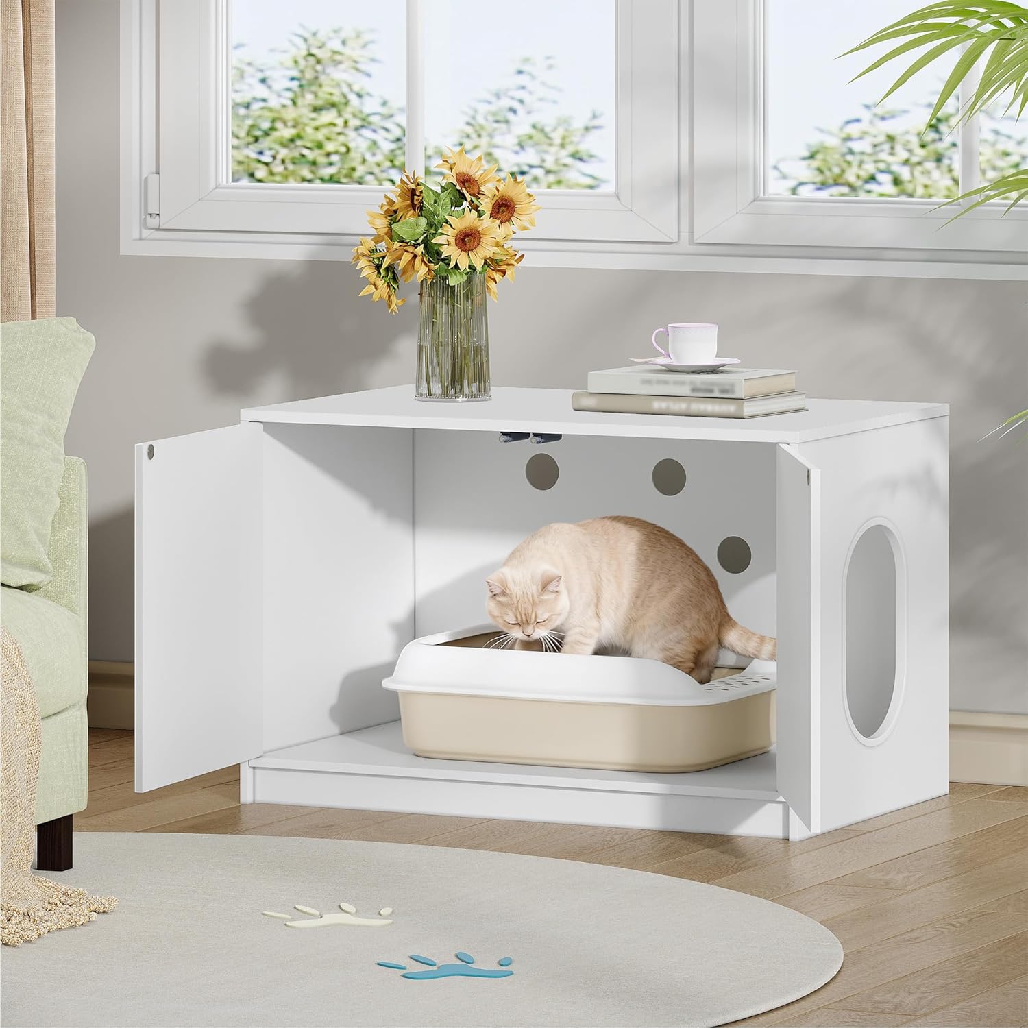 Móvel para caixa de areia para gatos, casa sanitária para gatos com portas de abertura por pressão e orifícios de ventilação, branca - 6