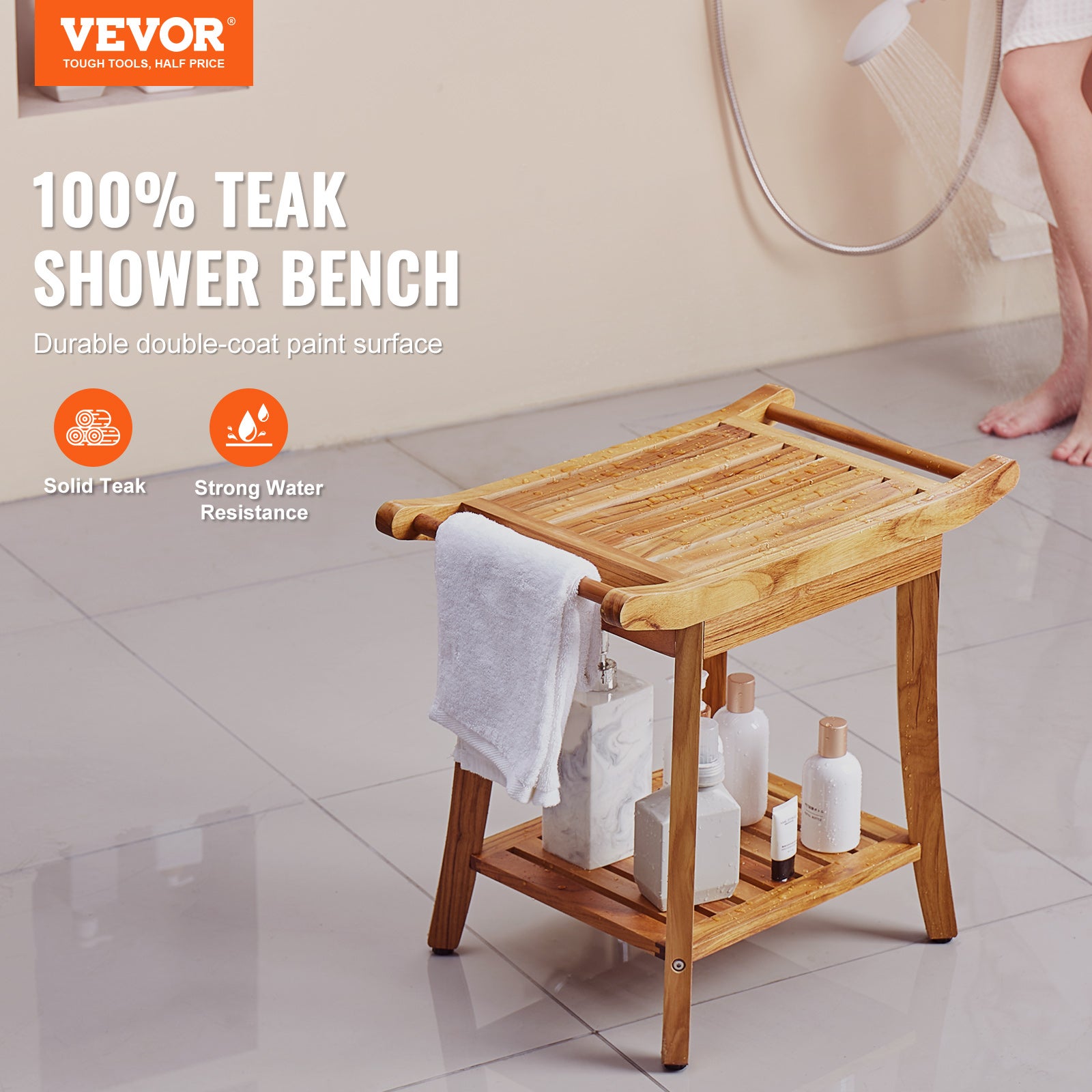 Tabouret douche en teck,VEVOR 560x365x470 mm,tabouret douche étanche avec poignées rangement,pieds antidérapants,300 lb,adapté à la salle de bain - 2