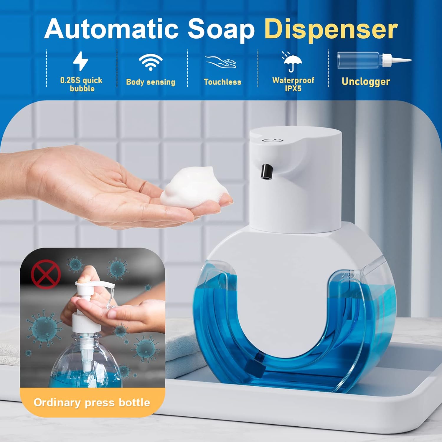Distributeur De Savon Automatique Vonsera | Capteur Sans Contact | 420 Ml | 4 Réglages De Mousse | USB/IPX6 | Noir