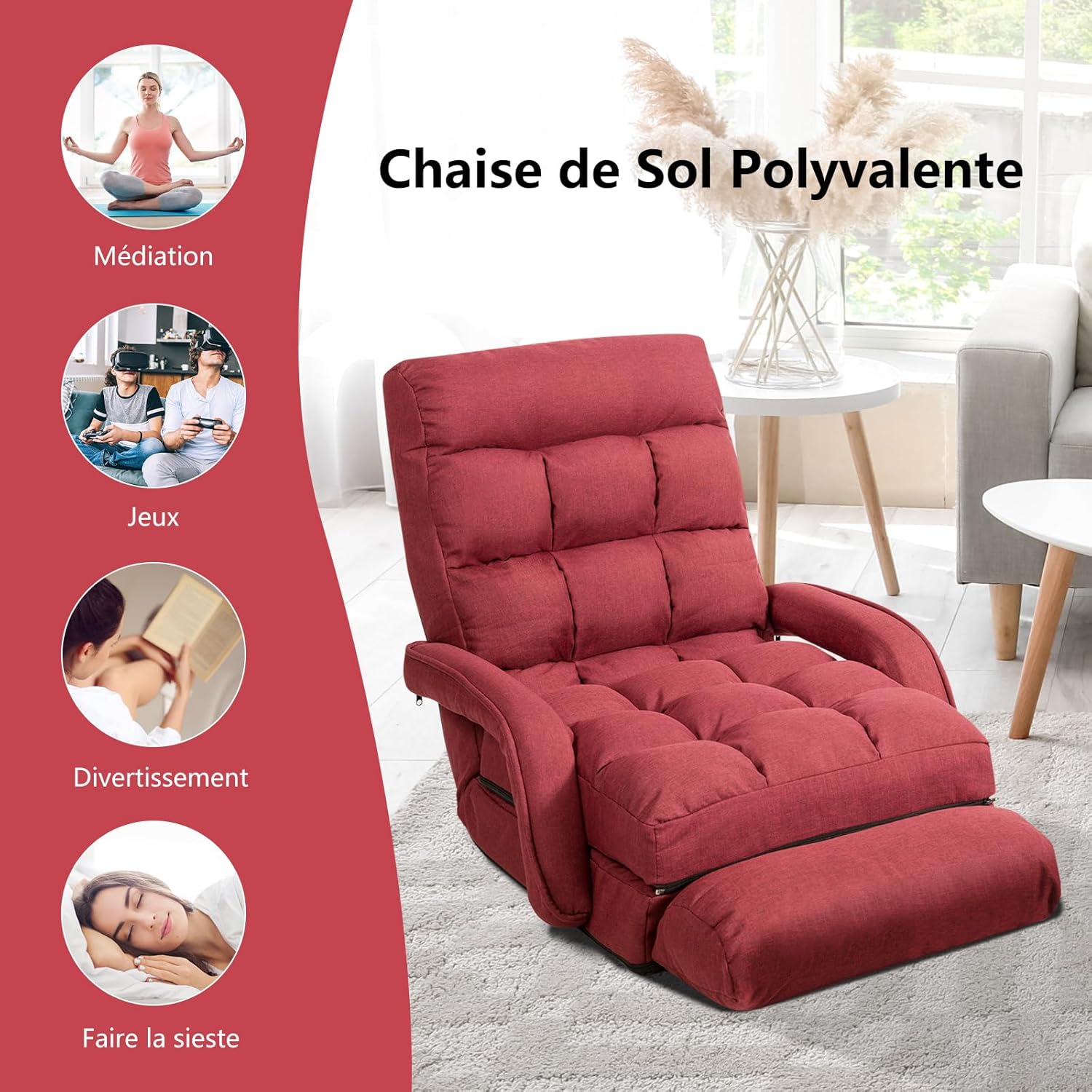 Składana sofa, regulowana, tapicerowana sofa podłogowa, łóżko do leżenia z podłokietnikami i poduszkami, fotel podłogowy, krzesło podłogowe, - 7