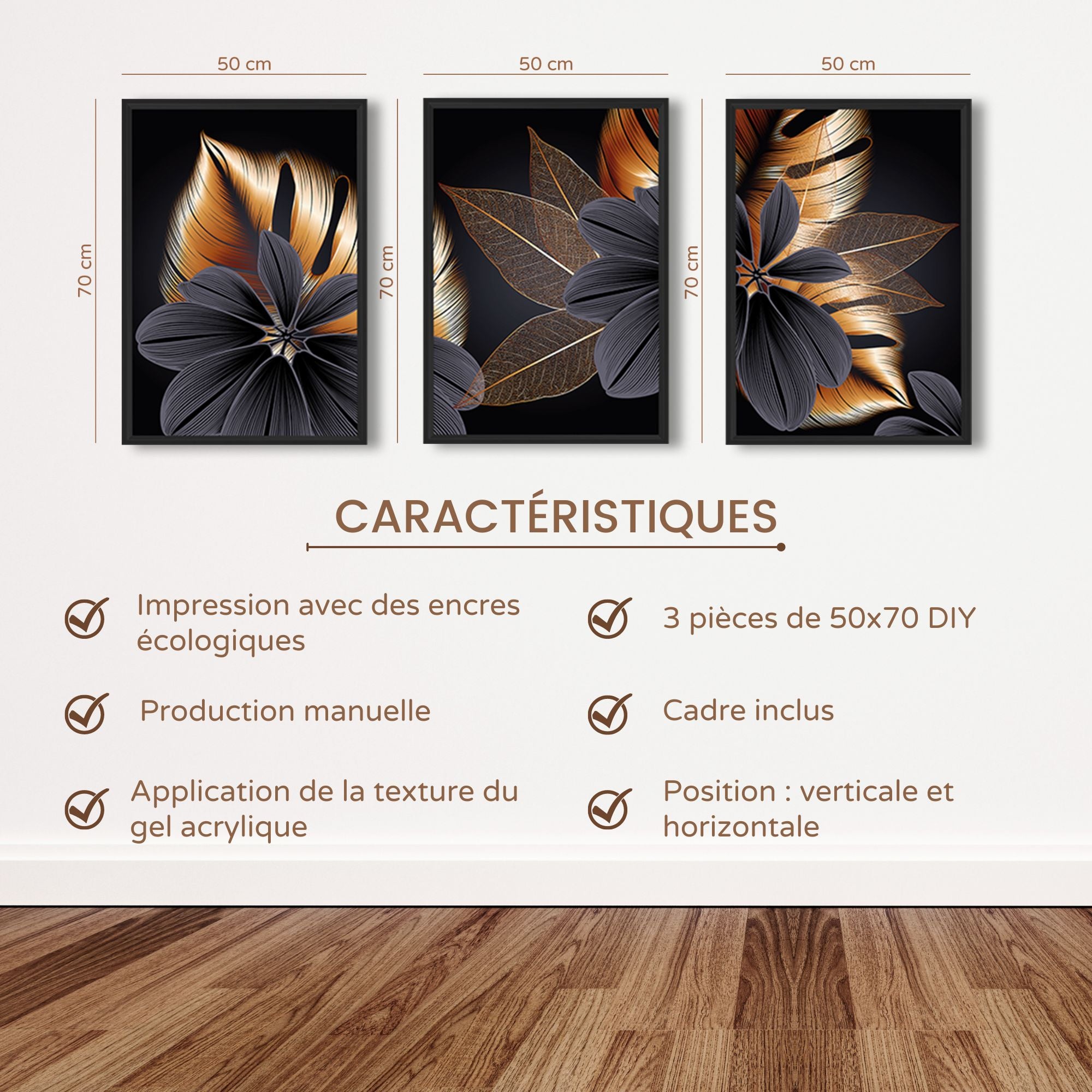 DekoArte - Tableau decoration murale salon STYLE FLOWERS 50x70 cm x3 pièces - Tableaux avec cadre noir inclus - 3