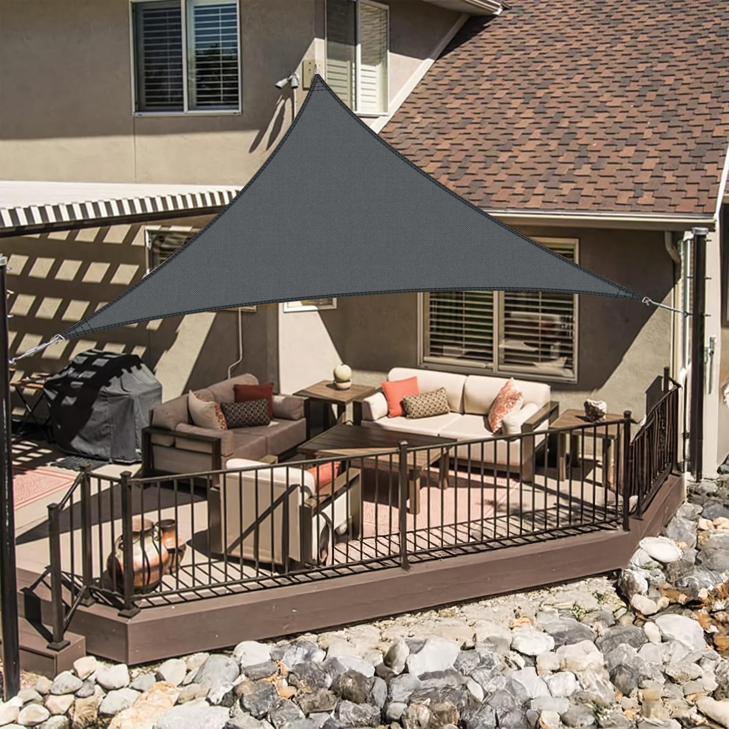 Żagiel przeciwsłoneczny trójkątny 2x2x2m, wodoodporny, tkanina przeciwsłoneczna PES, antracyt, z 95% ochroną UV, do ogrodu na zewnątrz