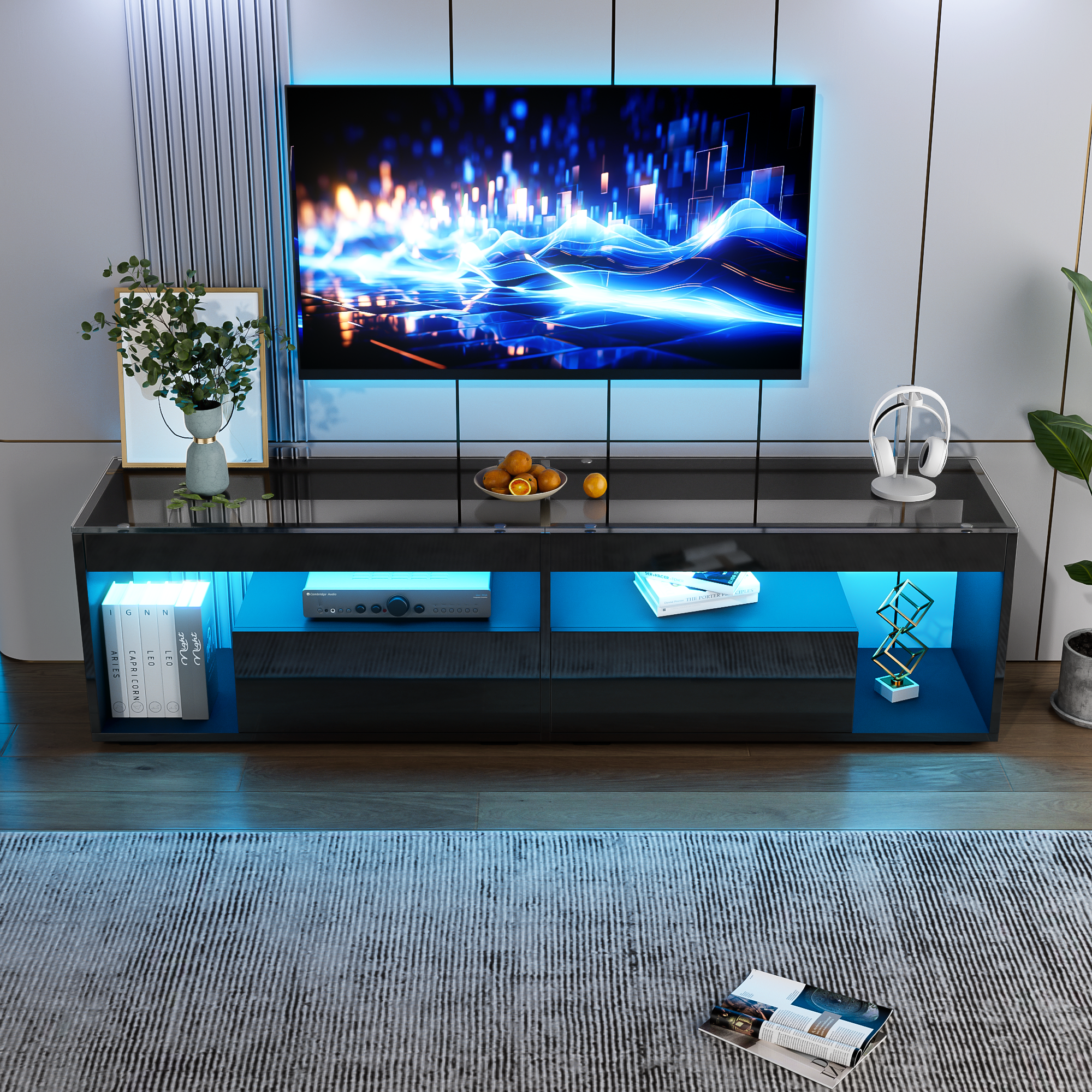 Suport TV lucios 180x50x46cm - cu 2 sertare - cu iluminare LED - pentru ...