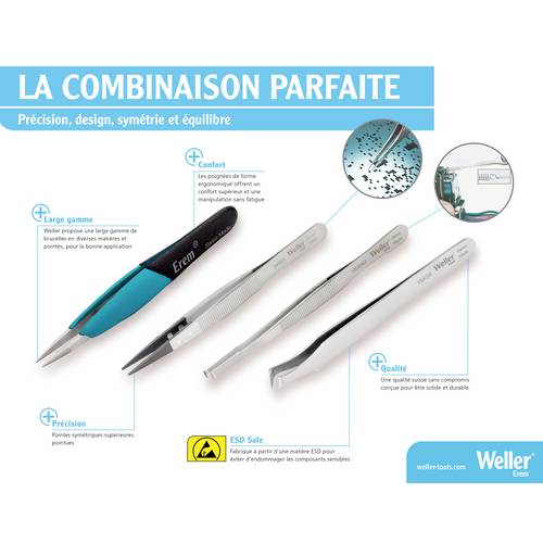 Weller Erem 102ACAx Tweezers, SMD, 45 Deg Angle, Pointed Tips, Flat