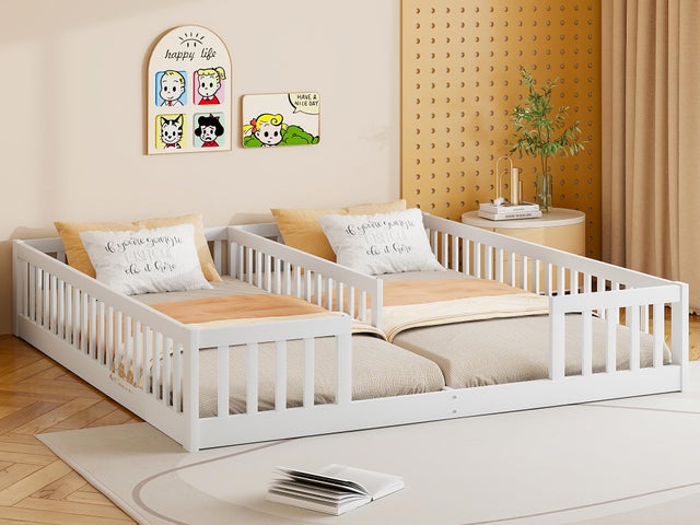 Lit enfant 2x90x200cm en bois massif - avec barrières - avec sommier à lattes - Blanc