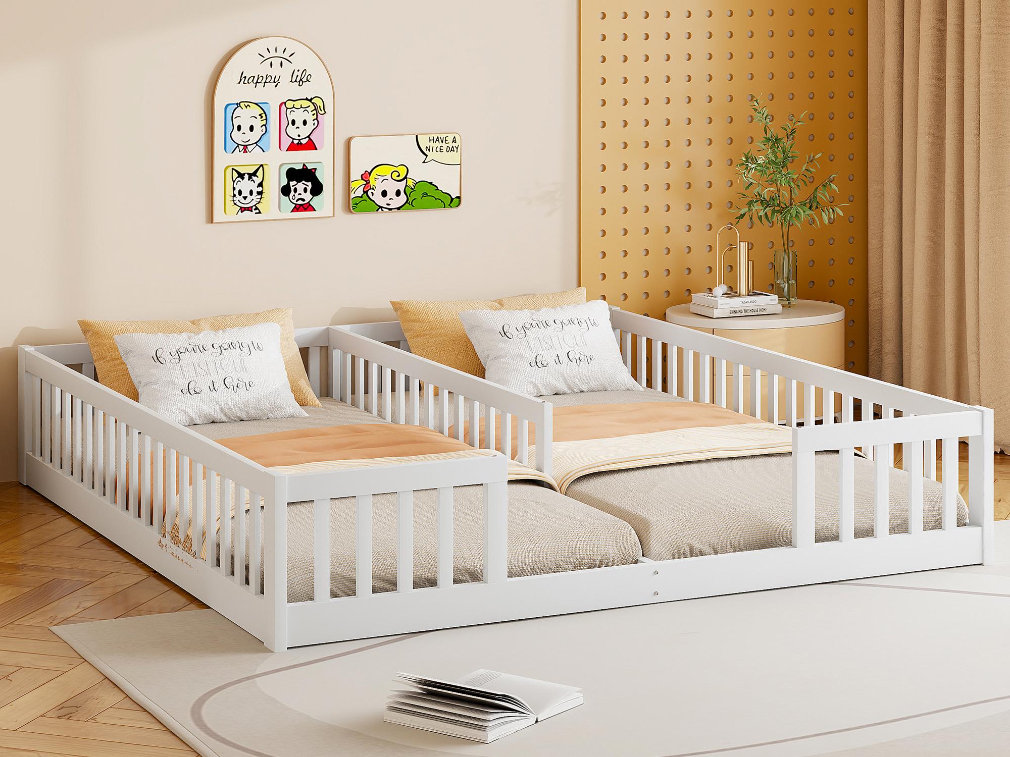 Łóżko dziecięce z litego drewna 2x90x200cm - z barierkami - z listwową podstawą - Białe