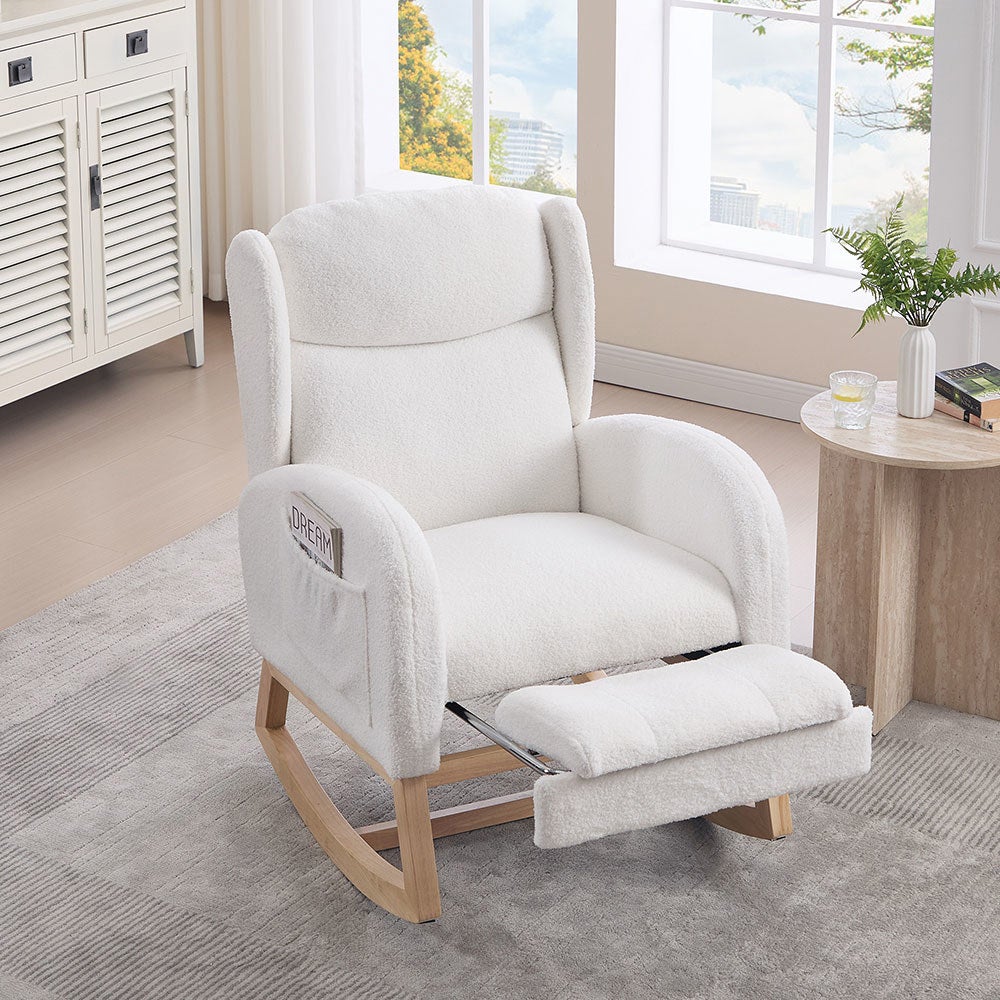 Fauteuil allaitement à bascule Structure bois repose-pieds réglable blanc avec poche - 6