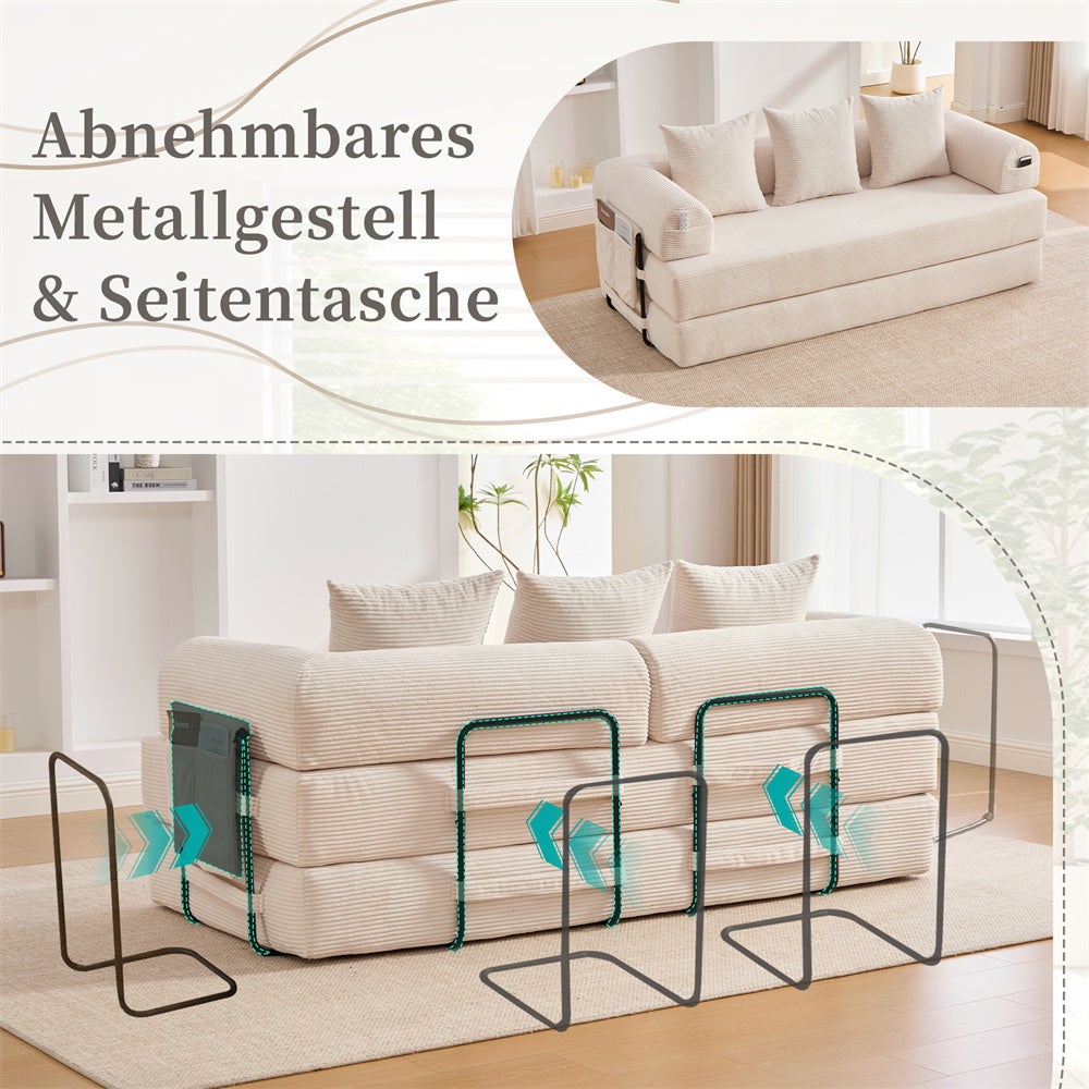 DRIPEX Canapé compressé 4-en-1 Pliable,Canapé modulable 3 places avec structure métallique,poches latérales et 3 coussins,Beige - 5