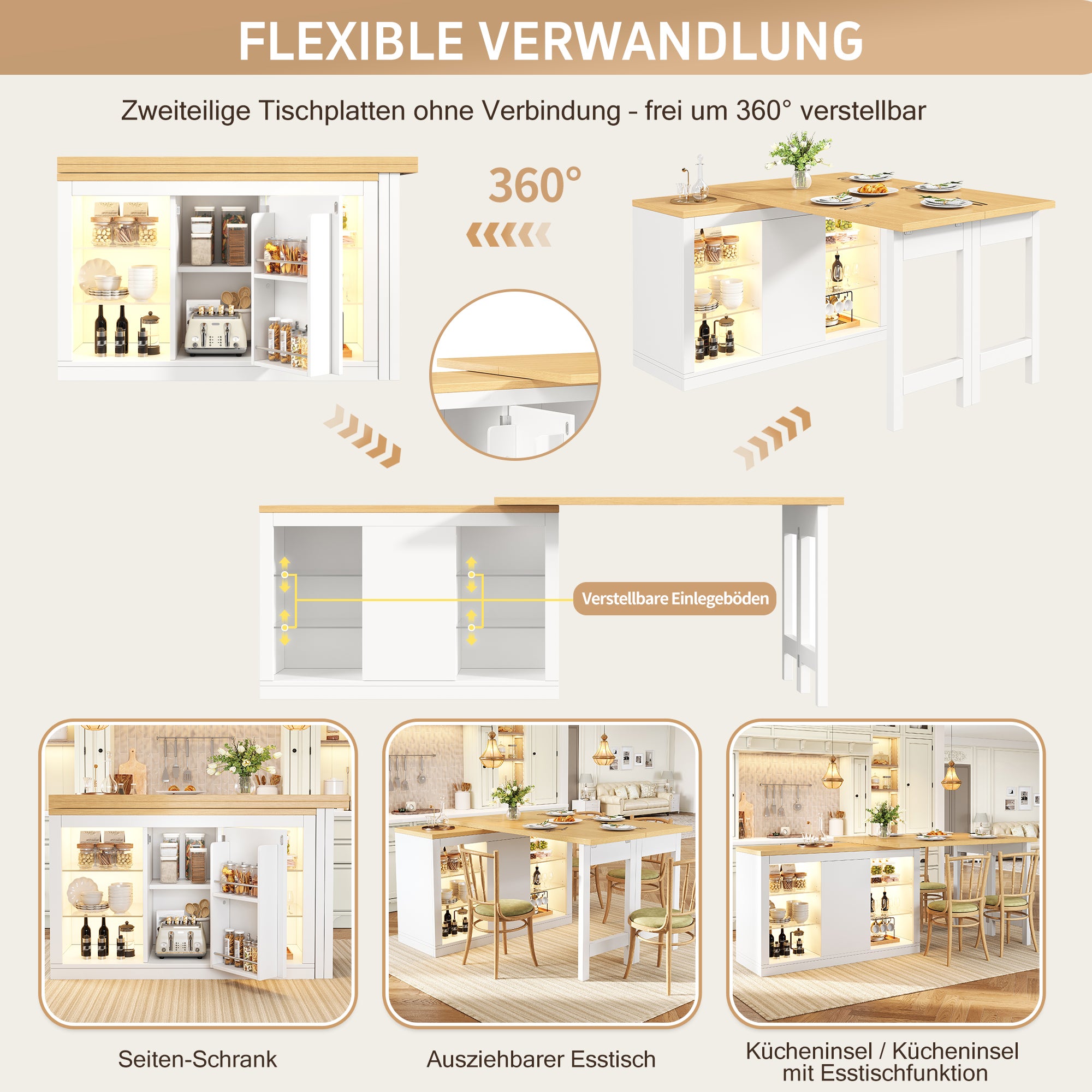 Ilot Cuisine Extensible 120-197*40*72cm cm avec Table à Manger, Pivotant 360°, LED RGB App, Portes Magnétiques et Étagères en Verre, Blanc - 8