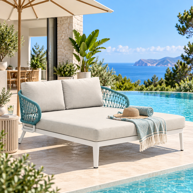 Cama exterior y jardín de aluminio blanco y textil beige y cuerda aqua