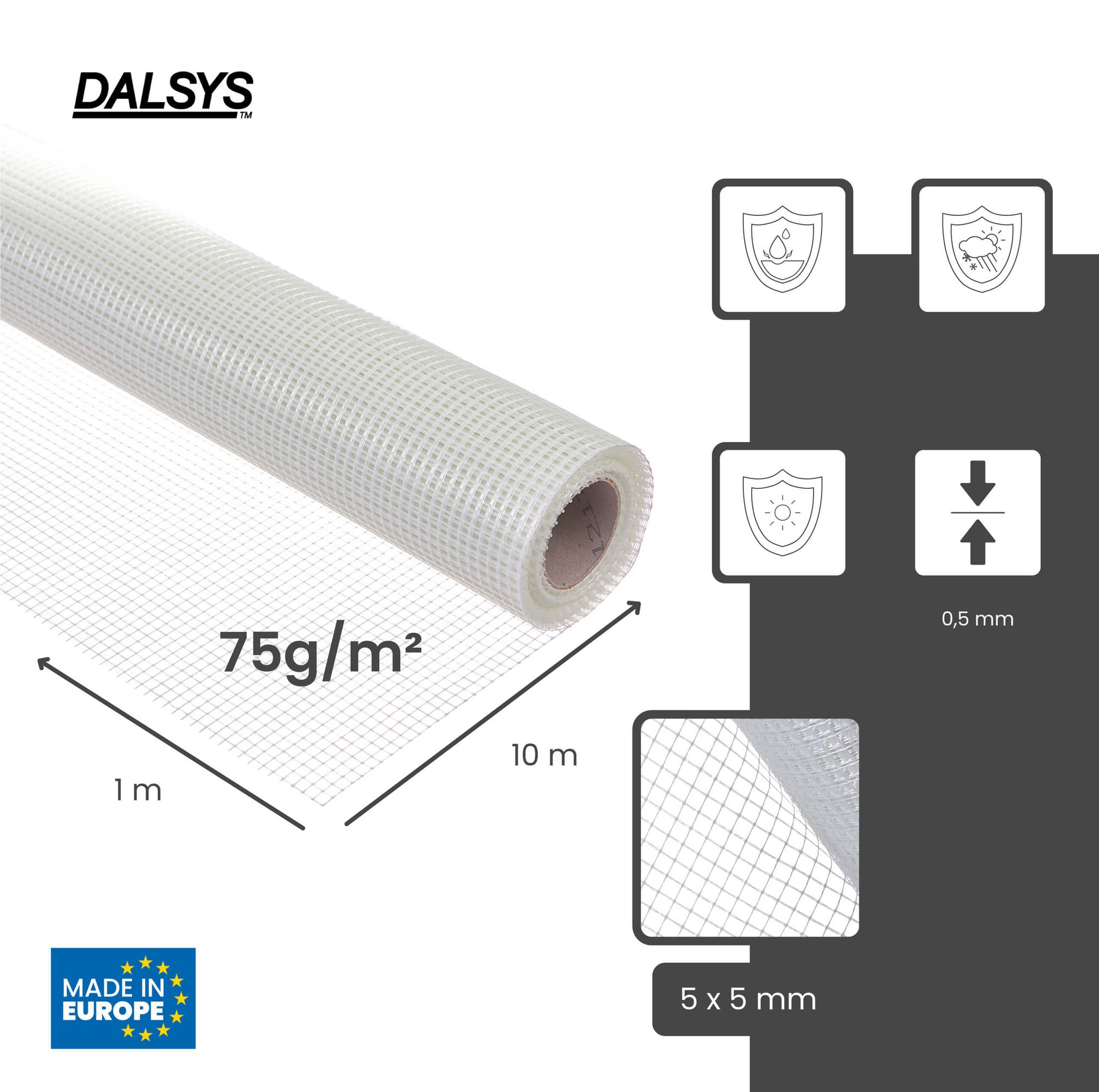 Treillis d'armature en fibre de verre 75 g/m² 5x5 mm 10 m² (10x1 m) pour enduit intérieur et isolation, Dalsys - 2