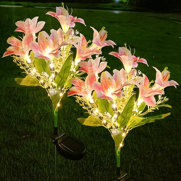 Solarne lampki liliowe do ogrodu zewnętrznego, zestaw 2 solarnych lampek LED z realistycznymi liliami, wodoodporne lampki solarne, różowe