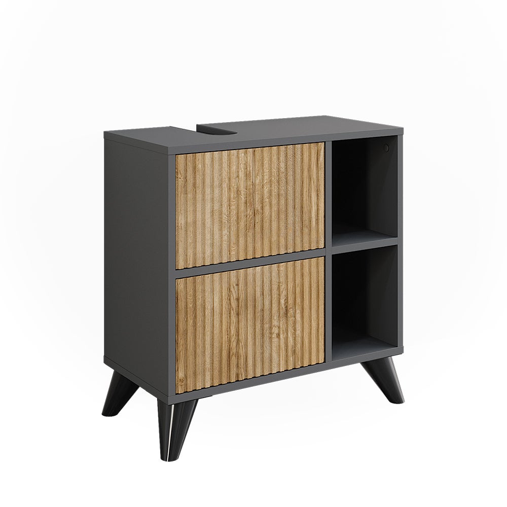 Meuble Sous Vasque Irma 80cm Anthracite/Chêne - Rangement Salle De Bain Avec Étagère Réglable