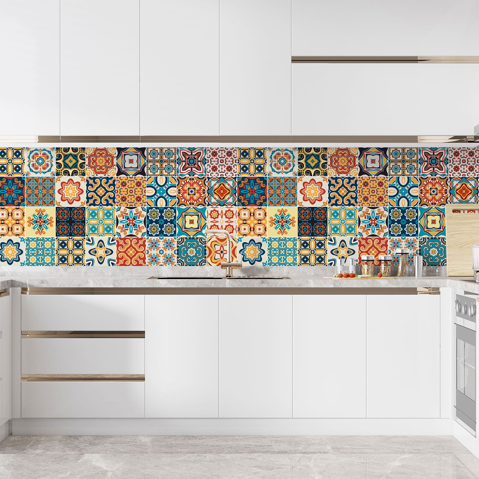Crédence adhésive sticker décoratif pour cuisine - Effet carreaux de ciment - Adhésif MAT - 60x120 cm - 3