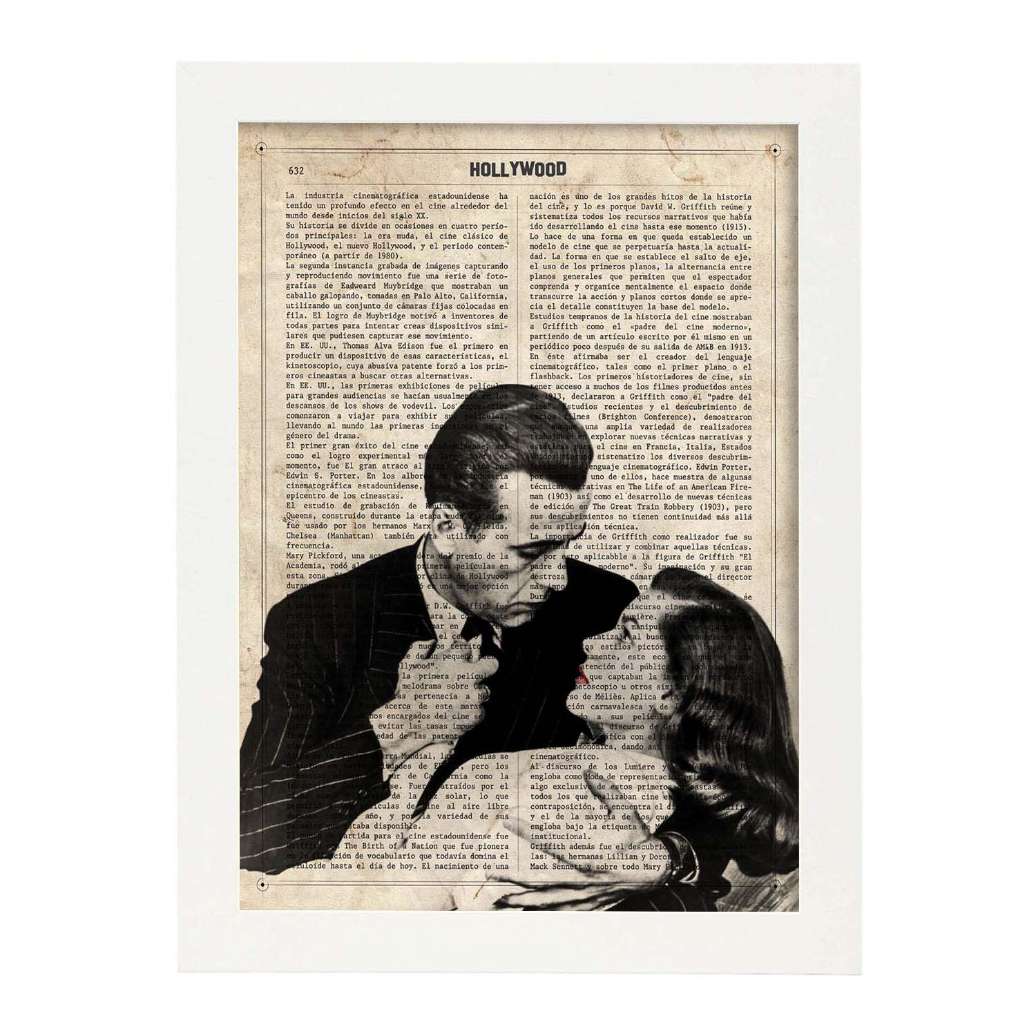 Lamina vintage pelicula el sueno eterno (beso) sobre definicion de hollywood marco negro - a3