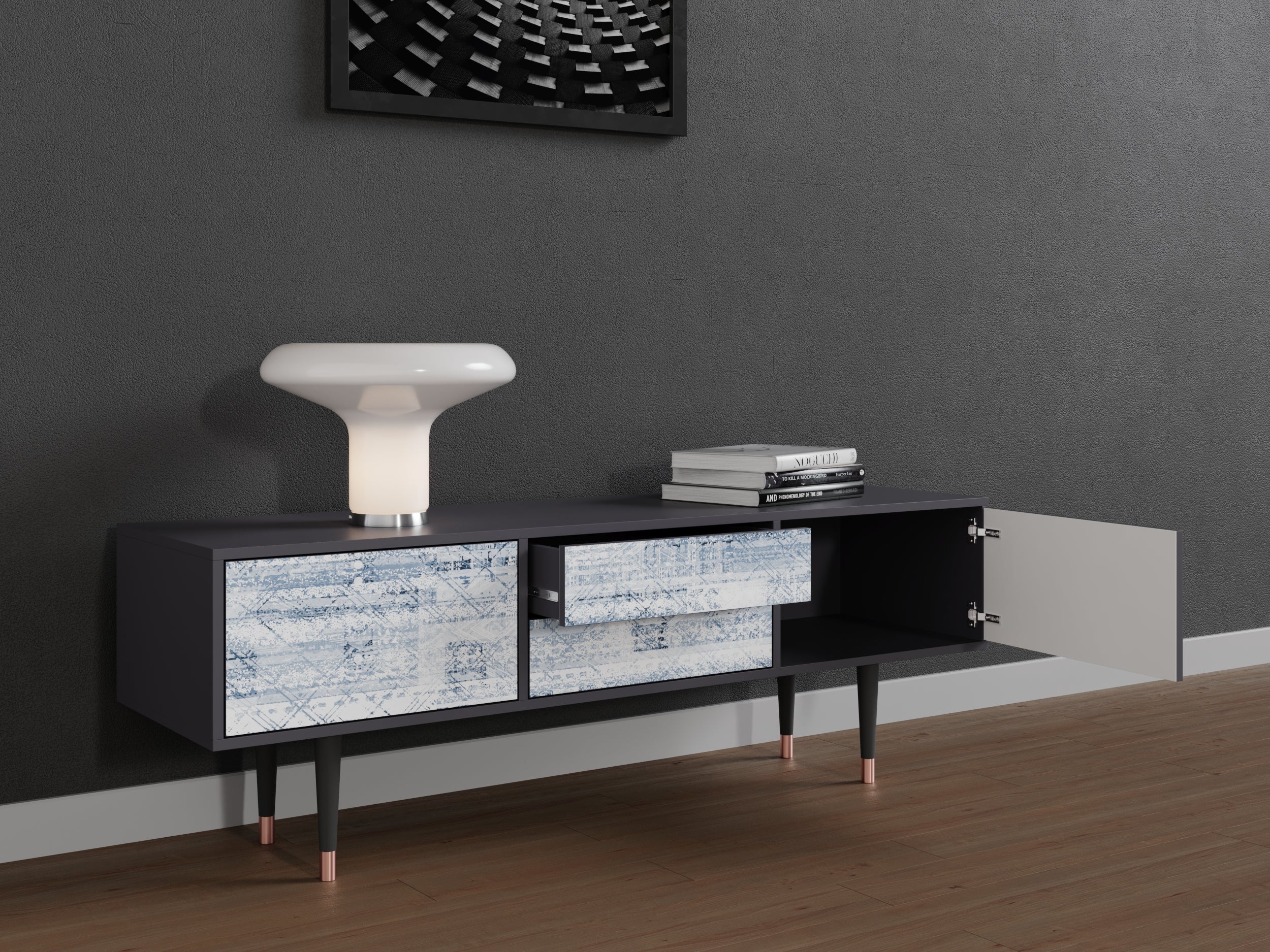 Una base per TV con due porte e due cassetti, lunga 170 cm, di colore antracite - 3