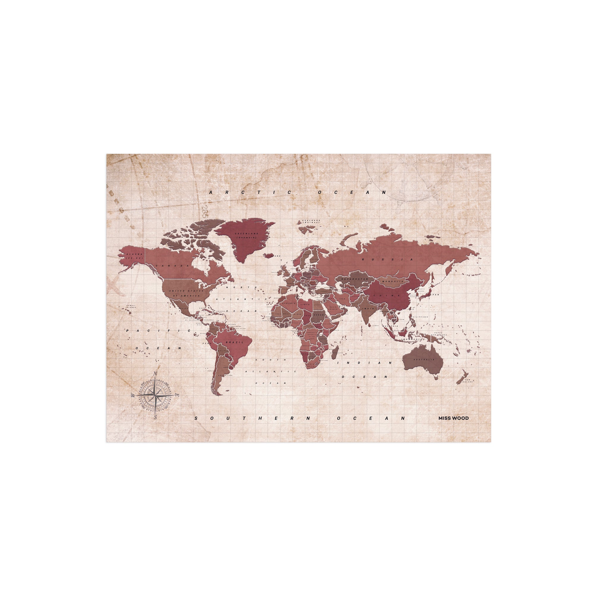 Mapamundi corcho - woody map watercolor antique / 60 x 45 cm / sin marco