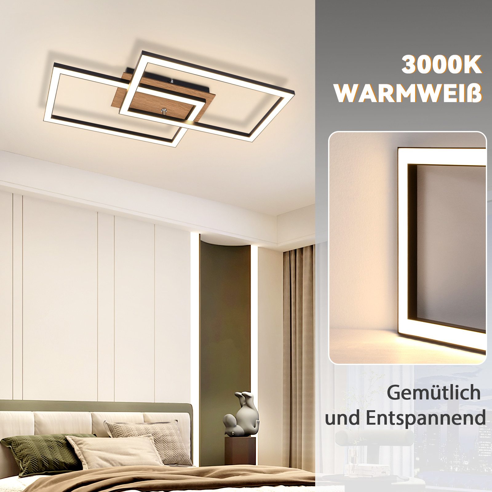 NETTLIFE Plafonnier LED Moderne Plafonnier Bois 3000K Blanc Chaud Noir Rectangle Design 24W - 3