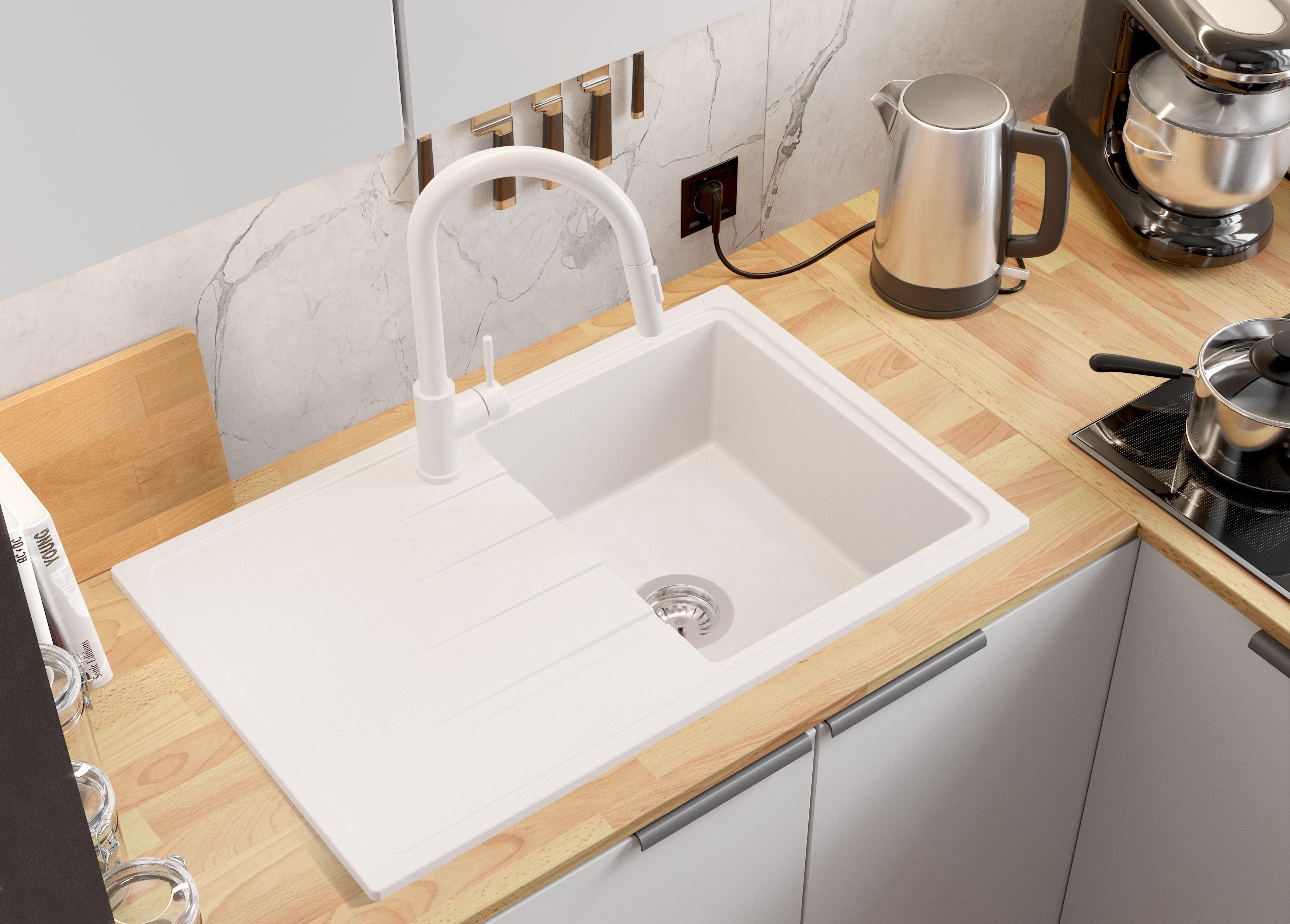 Evier Cuisine en Granit Blanc 78x50cm, Lavabo 1 bac + Kit de Vidage, Évier à Encastrer au meuble 45cm - Milan PRIMAGRAN - 2