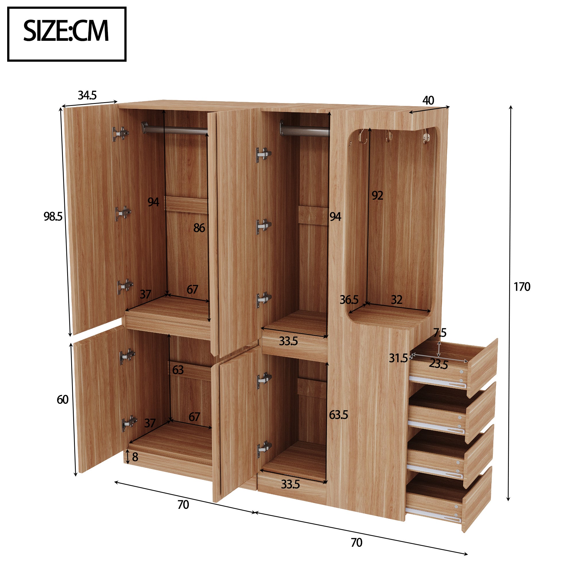 Szafa 140x40x170 cm - z 4 szufladami - z przegródkami do przechowywania - z frontami - kolor naturalny - 4