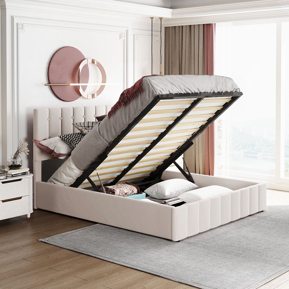 Cama contenedor con cabecero ajustable y almacenaje - 140 x 200 cm - terciopelo - somier de láminas - blanco - 2