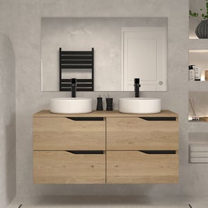 Meuble de salle de bain 120 avec plateau et 2 vasques à poser - 4 tiroirs - madera miel (bois clair) - LUNA