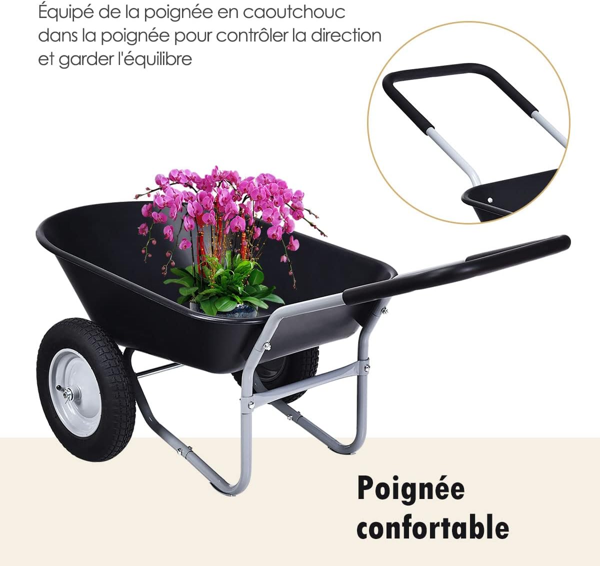 Brouette Jardin à 2 Roues pour Jardinage Chariot de Jardin Utilitaire en PP,Chariot de Jardin à Main,Remorque Brouette 2 Roues,Charrette à Bras - 6