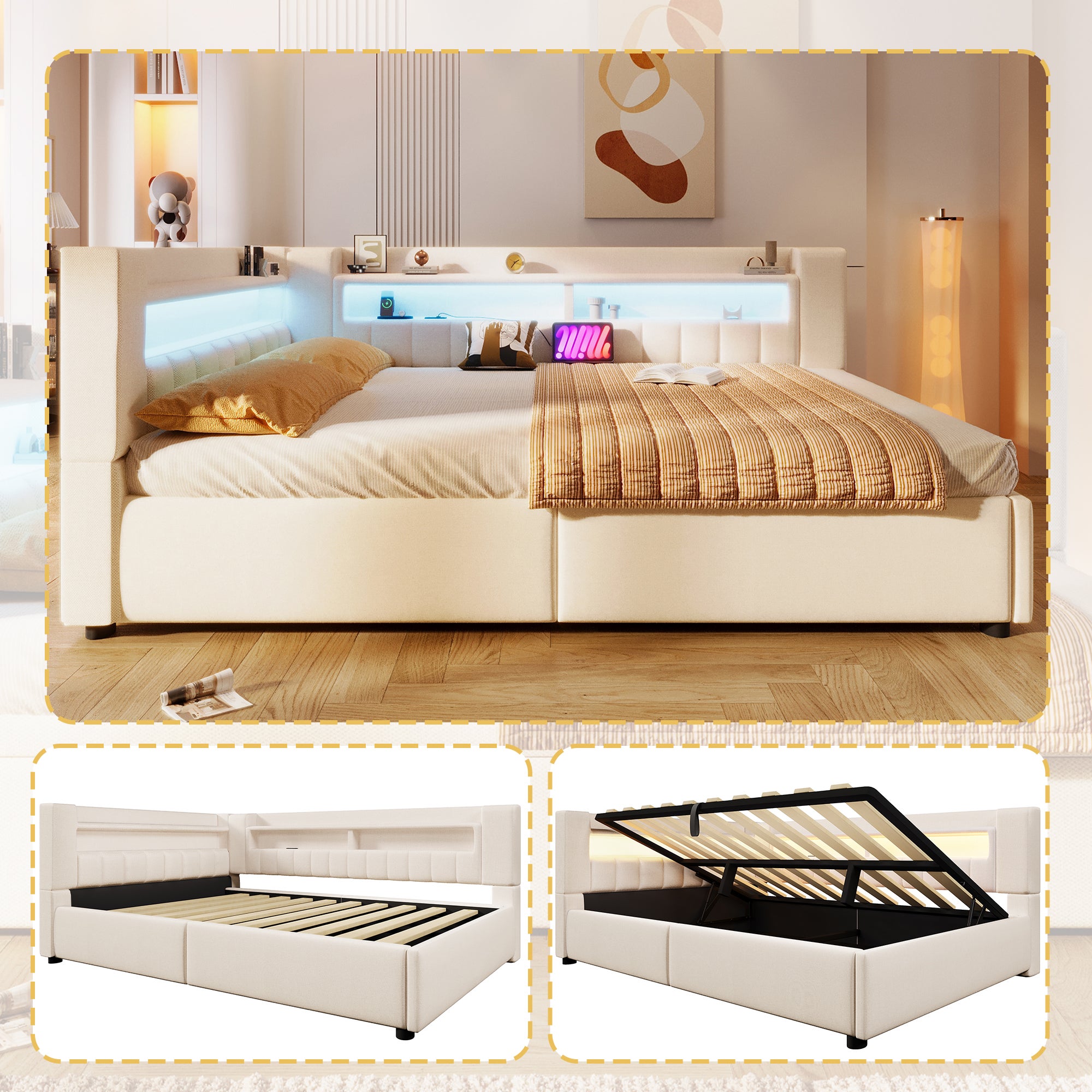 Łóżko z pojemnikiem 140 x 200 cm, z przegródkami i portem USB/typu C, rozkładana sofa - tkanina lniana - beżowy (materac nie jest wliczony w cenę)